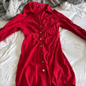 Zara Vibrant Red Rouched Shirt Dress